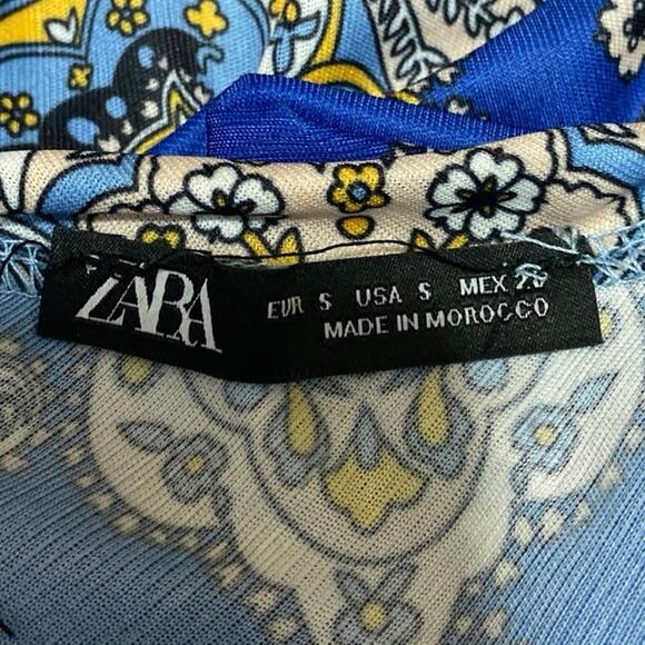 Zara Blue Floral Paisley Sleeveless Scarf Asymmetric High Neck Tank Blouse Top S - Picture 5 of 6